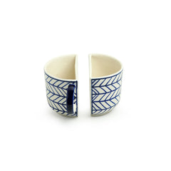 'Indigo Chevron' Hand-painted Ceramic Unique Half Cup For Coffee & Tea (Set of 2, 200 ML, Microwave Safe)