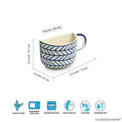 'Indigo Chevron' Hand-painted Ceramic Unique Half Cup For Coffee & Tea (Set of 2, 200 ML, Microwave Safe)