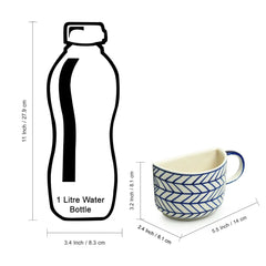'Indigo Chevron' Hand-painted Ceramic Unique Half Cup For Coffee & Tea (Set of 2, 200 ML, Microwave Safe)