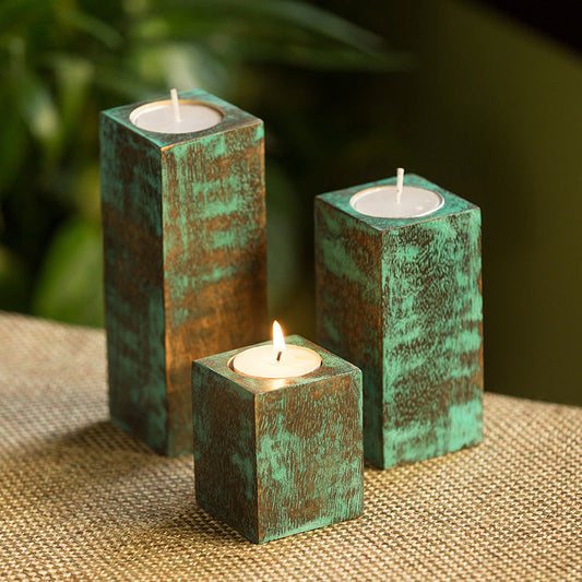 'Teal Blocks' Antique Finish Tea Light Holders In Mango Wood (Set of 3)