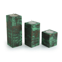 'Teal Blocks' Antique Finish Tea Light Holders In Mango Wood (Set of 3)