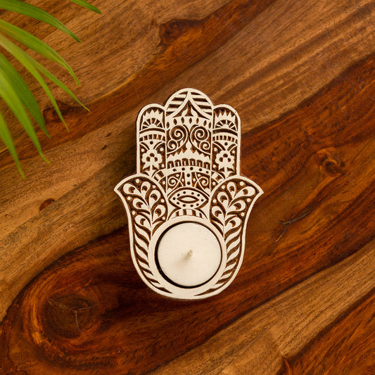 'Radiant Palm' Hand-Carved Block Tea-Light Holder In Sheesham Wood
