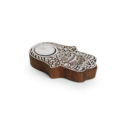 'Radiant Palm' Hand-Carved Block Tea-Light Holder In Sheesham Wood