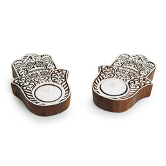 'Radiant Palm' Hand-Carved Blocks Tea-Light Holders In Sheesham Wood (Set of 2)