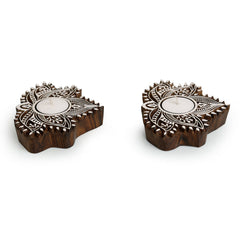 'Luminous Lotus' Hand-Carved Blocks Tea-Light Holders In Sheesham Wood (Set of 2)