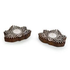 'Luminous Lotus' Hand-Carved Blocks Tea-Light Holders In Sheesham Wood (Set of 2)