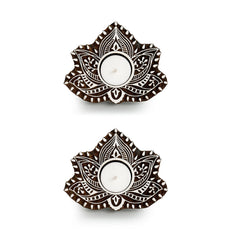 'Luminous Lotus' Hand-Carved Blocks Tea-Light Holders In Sheesham Wood (Set of 2)