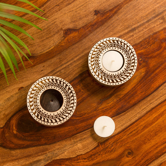 'Sparkling Mandala' Hand-Carved Blocks Tea-Light Holders In Sheesham Wood (Set of 2)