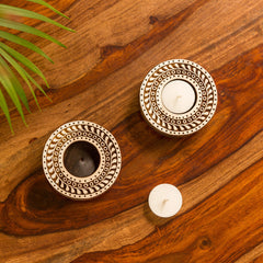 'Sparkling Mandala' Hand-Carved Blocks Tea-Light Holders In Sheesham Wood (Set of 2)