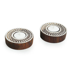 'Sparkling Mandala' Hand-Carved Blocks Tea-Light Holders In Sheesham Wood (Set of 2)