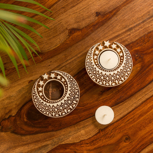 'Shimmering Moon' Hand-Carved Blocks Tea-Light Holders In Sheesham Wood (Set of 2)