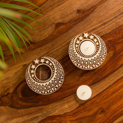 'Shimmering Moon' Hand-Carved Blocks Tea-Light Holders In Sheesham Wood (Set of 2)