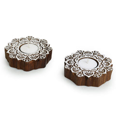 'Lustrous Flower' Hand-Carved Blocks Tea-Light Holders In Sheesham Wood (Set of 2)