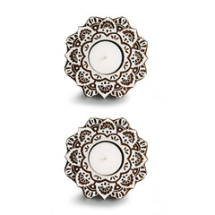 'Lustrous Flower' Hand-Carved Blocks Tea-Light Holders In Sheesham Wood (Set of 2)