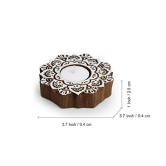'Lustrous Flower' Hand-Carved Blocks Tea-Light Holders In Sheesham Wood (Set of 2)