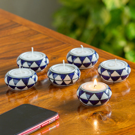 'Shimmering Mughals' Geometric Hand-painted Tea-Light Holders In Ceramic (Set of 6)