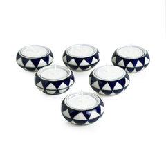 'Shimmering Mughals' Geometric Hand-painted Tea-Light Holders In Ceramic (Set of 6)