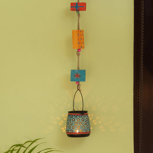 'Oasis Radiance' Hand-Painted Hanging Tea-Light Holder In Iron (Turquoise Blue)
