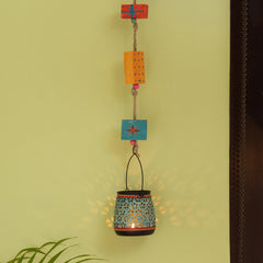 'Oasis Radiance' Hand-Painted Hanging Tea-Light Holder In Iron (Turquoise Blue)