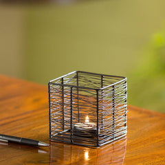 🕯️ Glowing Mesh Cube – Handcrafted Matte Black Tea-Light Holder