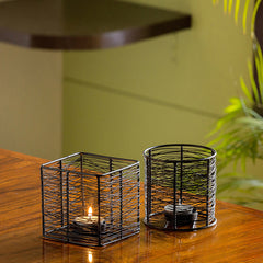 🕯️ Glowing Mesh Duo – Set of 2 Handwired Matte Black Tea-Light Holders