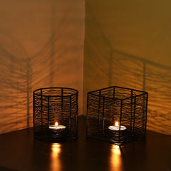 🕯️ Glowing Mesh Duo – Set of 2 Handwired Matte Black Tea-Light Holders