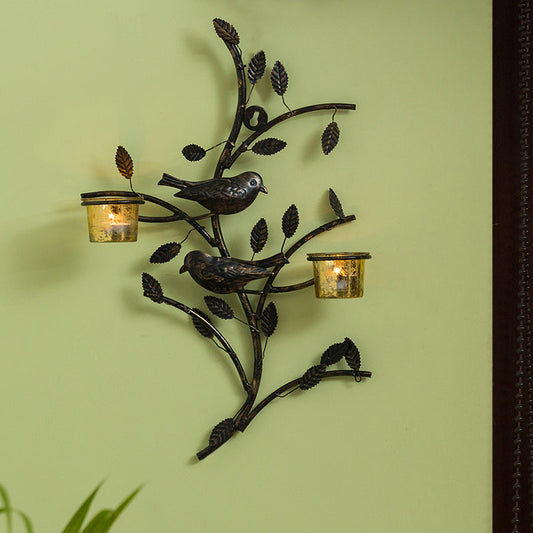 'Birds On Branch' Handcrafted Wall Sconce Tea Light Holder In Iron With Glass Holders