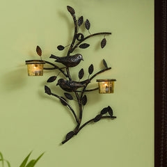 'Birds On Branch' Handcrafted Wall Sconce Tea Light Holder In Iron With Glass Holders