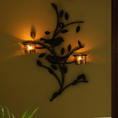 'Birds On Branch' Handcrafted Wall Sconce Tea Light Holder In Iron With Glass Holders
