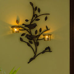 'Birds On Branch' Handcrafted Wall Sconce Tea Light Holder In Iron With Glass Holders