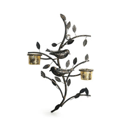 'Birds On Branch' Handcrafted Wall Sconce Tea Light Holder In Iron With Glass Holders