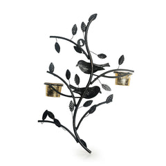 'Birds On Branch' Handcrafted Wall Sconce Tea Light Holder In Iron With Glass Holders