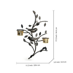 'Birds On Branch' Handcrafted Wall Sconce Tea Light Holder In Iron With Glass Holders
