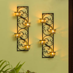 'Glowing Vines' Handcrafted Wall Sconce Tea Light Holders In Iron With Glass Holders (Set of 2)
