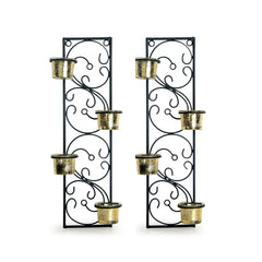 'Glowing Vines' Handcrafted Wall Sconce Tea Light Holders In Iron With Glass Holders (Set of 2)