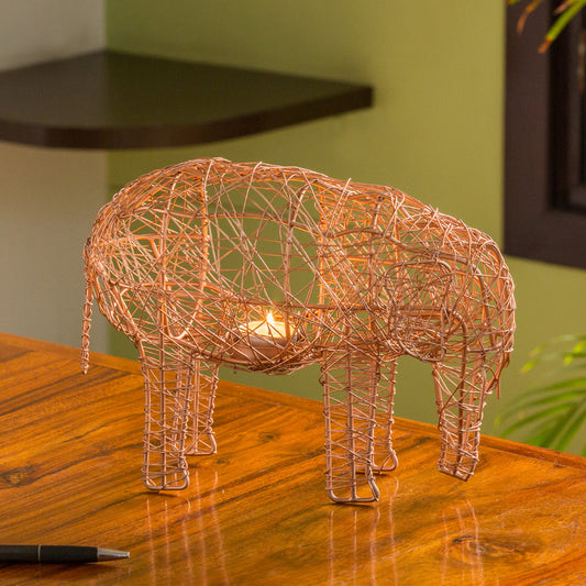 🐘 The Elephant Mesh – Handwoven Copper-Finish Tea-Light Holder