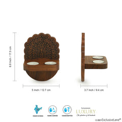 'The Dancing Peacock' Hand Carved Wall Tea Light Holder in Sheesham Wood