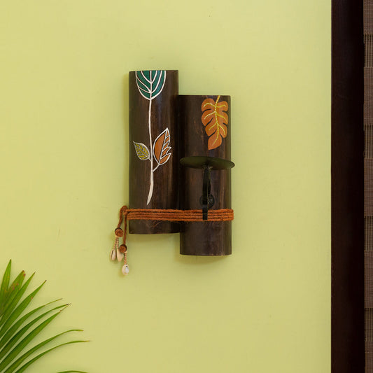 'Shades of a Leaf' Hand-Painted Wall Candle Holder in Teak Wood