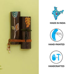 'Shades of a Leaf' Hand-Painted Wall Candle Holder in Teak Wood