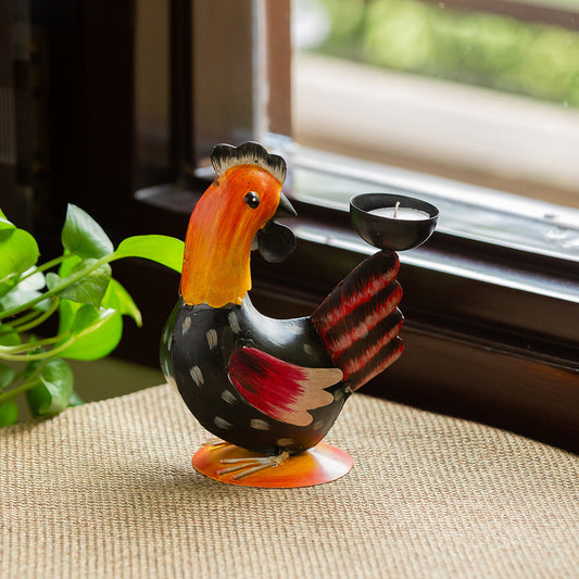 Homely Hen' Handpainted Tea Light Holder Cum Garden Decorative Showpiece In Metal (17.8 cm)