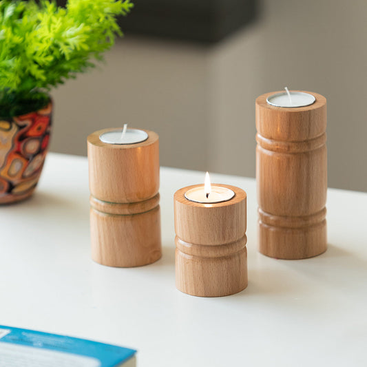 🕯️ Set of 3 Pillar-Style Hand-Carved Tea Light Holders in Light Brown