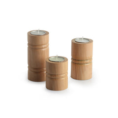🕯️ Set of 3 Pillar-Style Hand-Carved Tea Light Holders in Light Brown