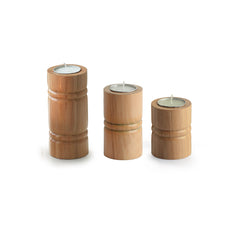 🕯️ Set of 3 Pillar-Style Hand-Carved Tea Light Holders in Light Brown