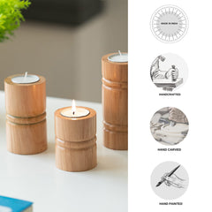 🕯️ Set of 3 Pillar-Style Hand-Carved Tea Light Holders in Light Brown