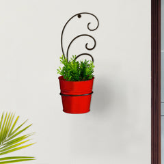 The Red Bucket' Wall Planter Pot With Curved Holder In Galvanized Iron