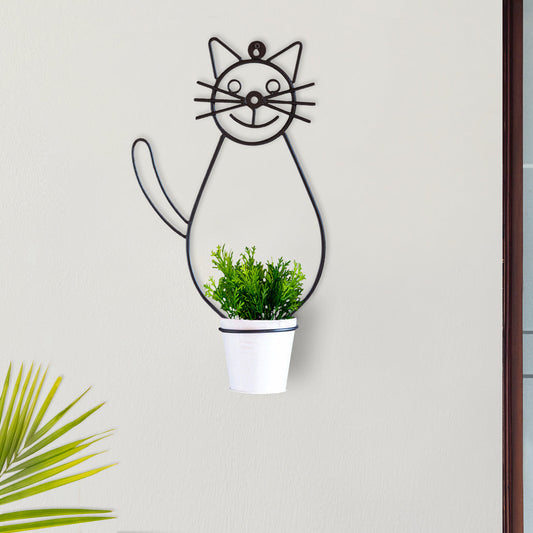 Smiling Cat' Wall Planter Pot In Galvanized Iron (40.6 cm | 1 Planter Pot)