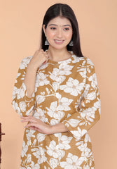 Women's Cotton Floral Printed Mandarin Collar A-Line Kurti with Pant (Brown)