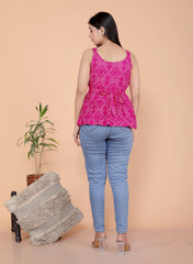 Women's Cotton Printed Sleeveless Short Flared Anarkali Top (Pink-M)