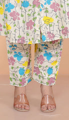 Women's Cotton Floral Printed Mandarin Collar A-Line Kurti with Pant (Cream)