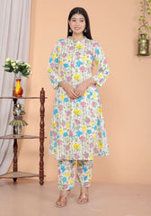 Women's Cotton Floral Printed Mandarin Collar A-Line Kurti with Pant (Cream)
